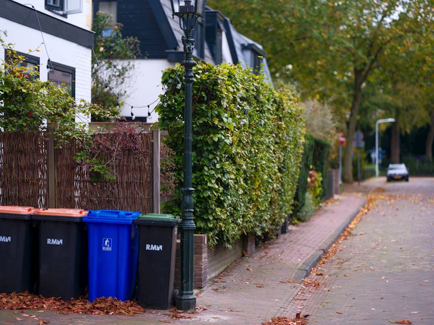 A person wearing a conical hat and dark clothing is pushing a green waste collection bin along a paved sidewalk in a park-like area. The bin has a label indicating it is for trash disposal. The sidewa