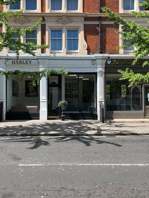The image depicts the front exterior of a commercial building located on Warwick Way, featuring a traditional brick facade with decorative stone architectural elements. The ground floor has large glass windows and doors, allowing visibility into the interior, with a dark-colored entrance area flanked by white columns. A small potted plant is positioned near the entrance. The building is framed by lush green trees with fresh leaves, casting shadows on the pavement. The street appears clean and well-maintained, with a smooth asphalt surface and painted lines, suggesting a commercial district in Pimlico. The overall scene reflects a tidy and inviting storefront, exemplifying professional cleaning standards often provided by Cleaners Pimlico for maintaining the cleanliness of local commercial premises.